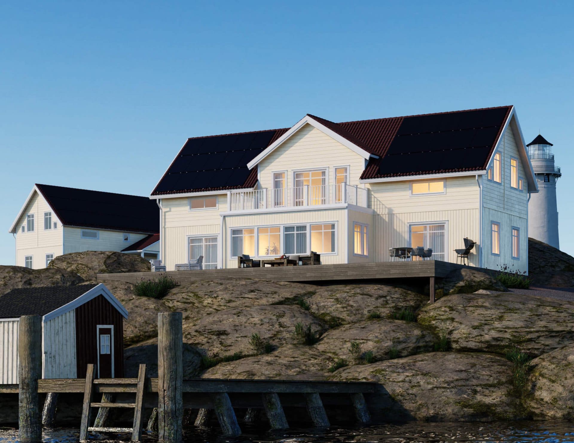 solceller på villatak i svensk skärgårdsmiljö