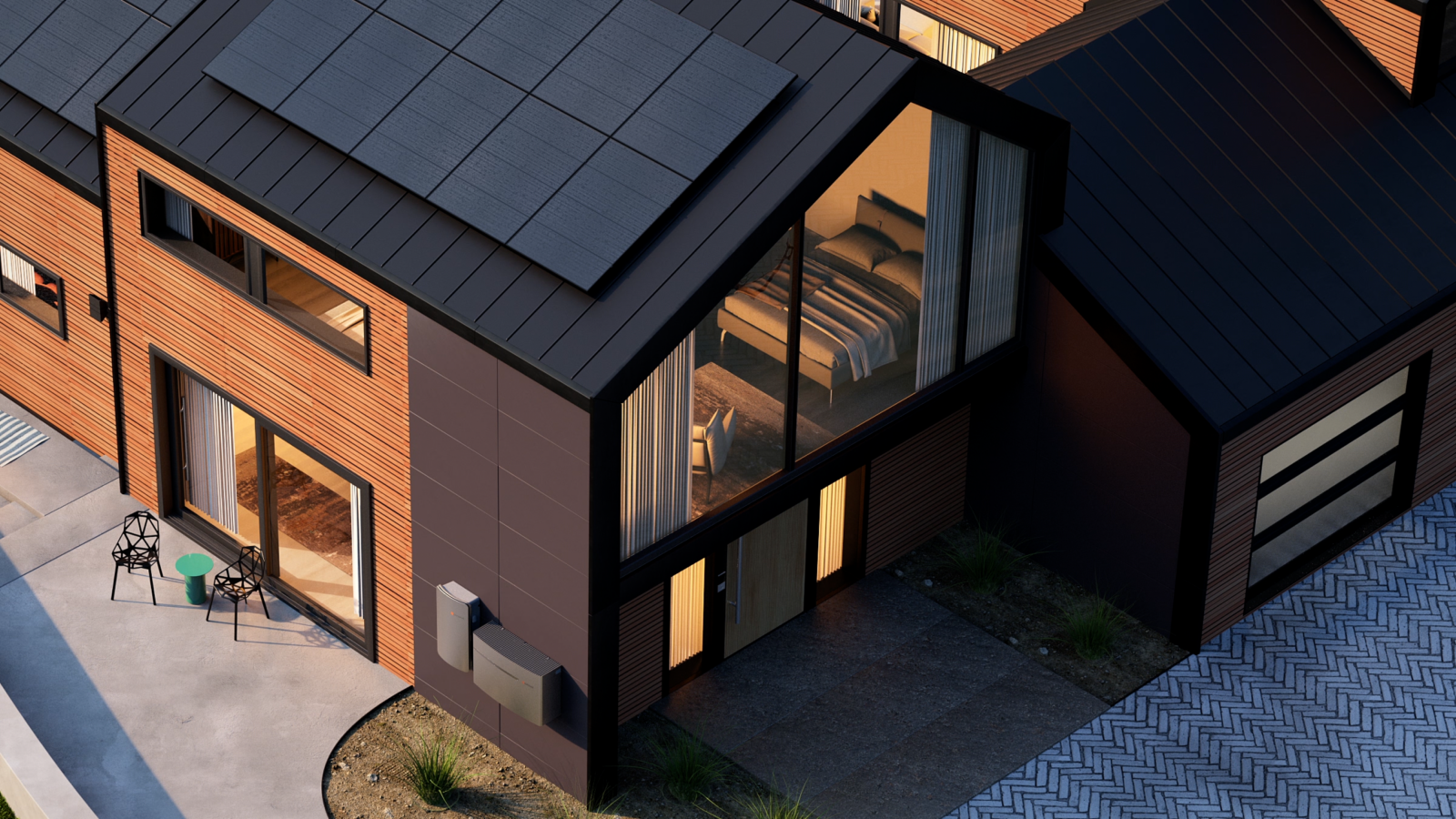 Svarta solcellspaneler och villabatteri på modernt hustak